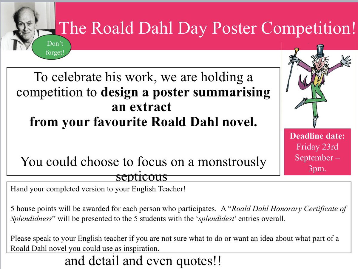 EtoneEnglish's tweet photo. Tuesday 13th September is Roald Dahl Day, and it’s fast approaching! All KS3 classes will have the opportunity to be part of this exciting competition 📚📘. https://t.co/UgseqCsnJ1