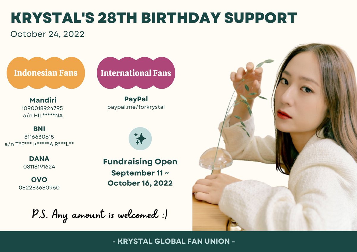 🎂KRYSTAL'S 28TH BIRTHDAY SUPPORT🎂
By Krystal Global Fan Union

Fundraising OPEN:
Sept 11 ~ Oct 16 (2022) 

Any amount is welcomed.
Please join us 😇 

Pleade kindly fill this form after donating:
👉 bit.ly/KrysDonationFo…

#Krystal #JungSoojung #크리스탈 #정수정