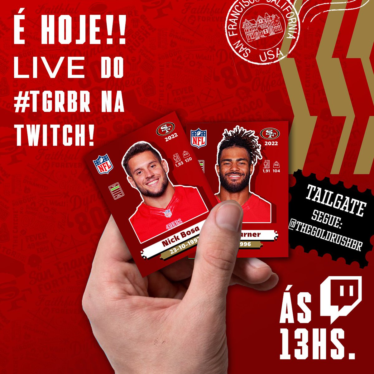 thegoldrushbr's tweet photo. Hoje a temporada da #NFL começa!! Já fui na banca e comprei umas figurinhas. No mesmo pacote já veio dois ALL-PRO!! O HEXA vai vir...
LINK da Twitch: https://t.co/8sVRtgwpHd
.
.
.
#TGRbr #FTTB #meninotrey #sackbosa #FredAllPro #GoNiners #Niners #Twitch #Tierlist https://t.co/CrYLH71xB1