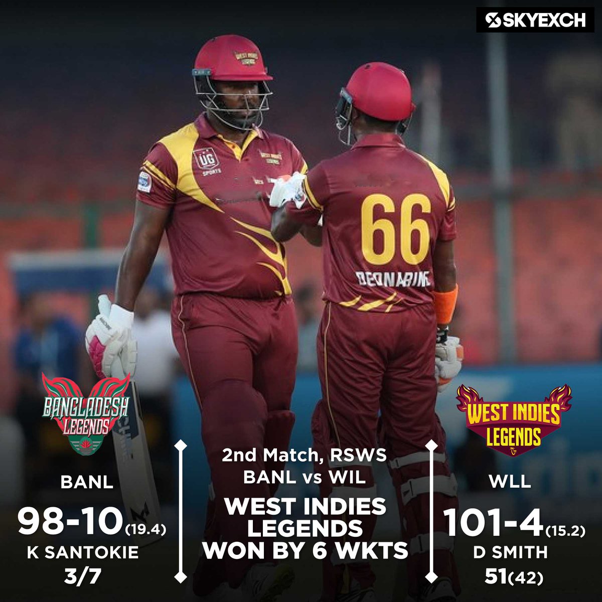 West Indies Legends Defeated Bangladesh Legends by 6 wickets in the 2nd match of Road Safety World Series 2022.
#LegendsLeagueCricket #BhilwaraGroup #SkyExchCricket #T20Cricket #SachinTendulkar #skyexch #BangladeshLegends #WestIndiesLegends