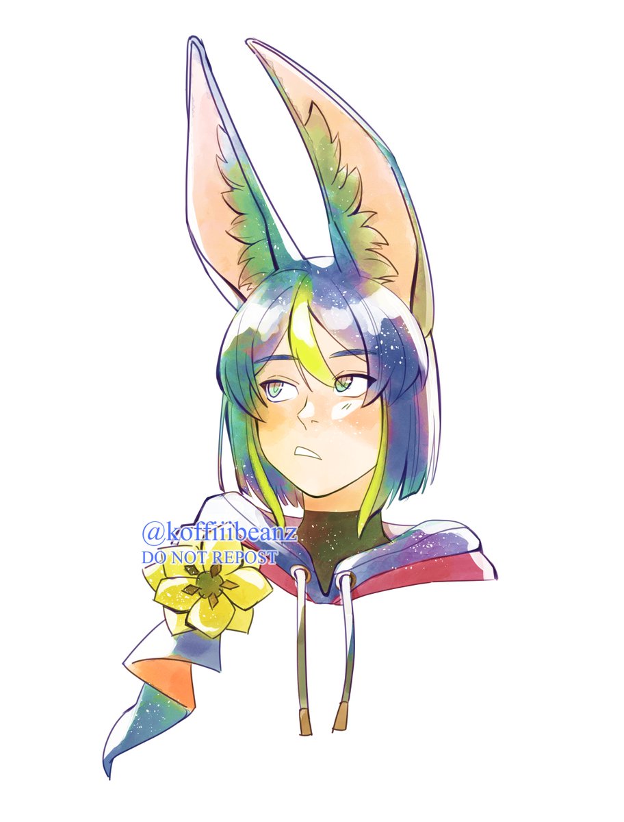 1boy male focus animal ears green hair solo fox ears yellow flower  illustration images