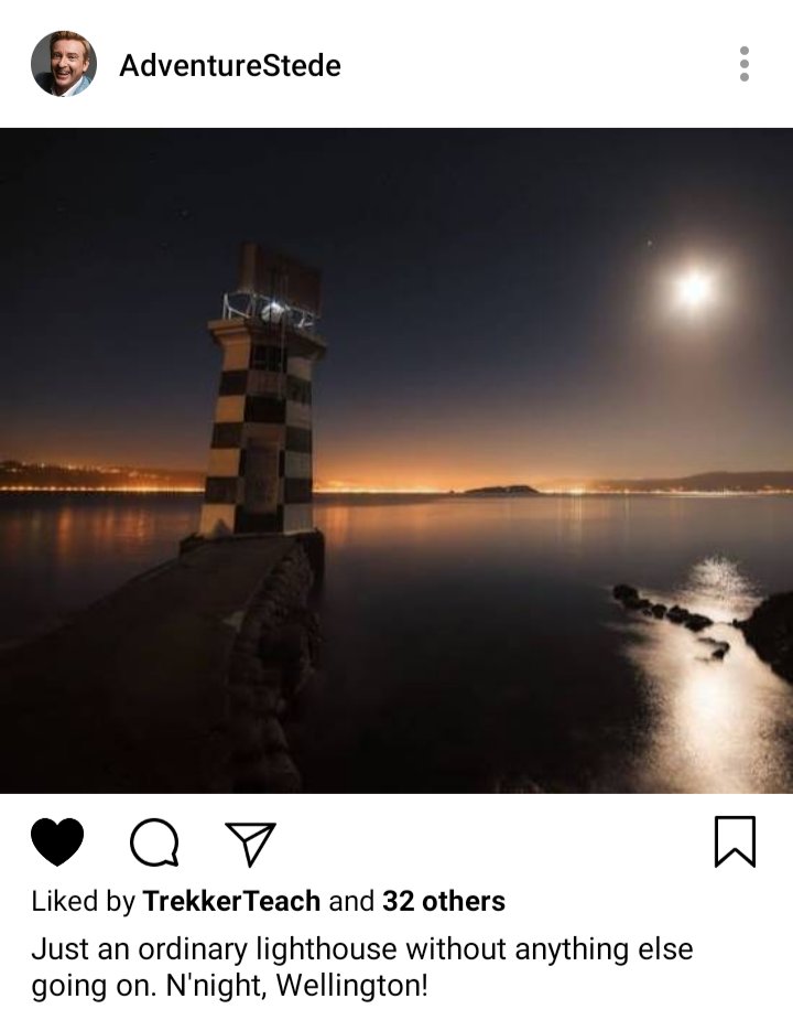 Stede's IG: Picture of the lighthouse. Caption reads: Just an ordinary lighthouse with nothing else going on. G'night Wellington! 