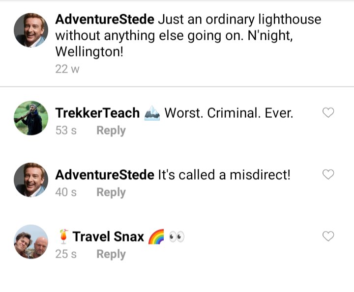Stede's IG comment section: Picture of the lighthouse. Caption reads: Just an ordinary lighthouse with nothing else going on. G'night Wellington!
Ed: Worst. Criminal. Ever.
Stede: it's called a misdirect!
Lucius: eyes looking emoji