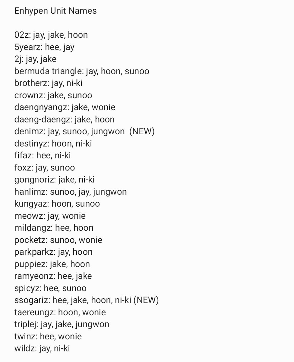 nrkdaily's tweet photo. updated list of enhypen unit names: https://t.co/Q3ZgqYW8IP