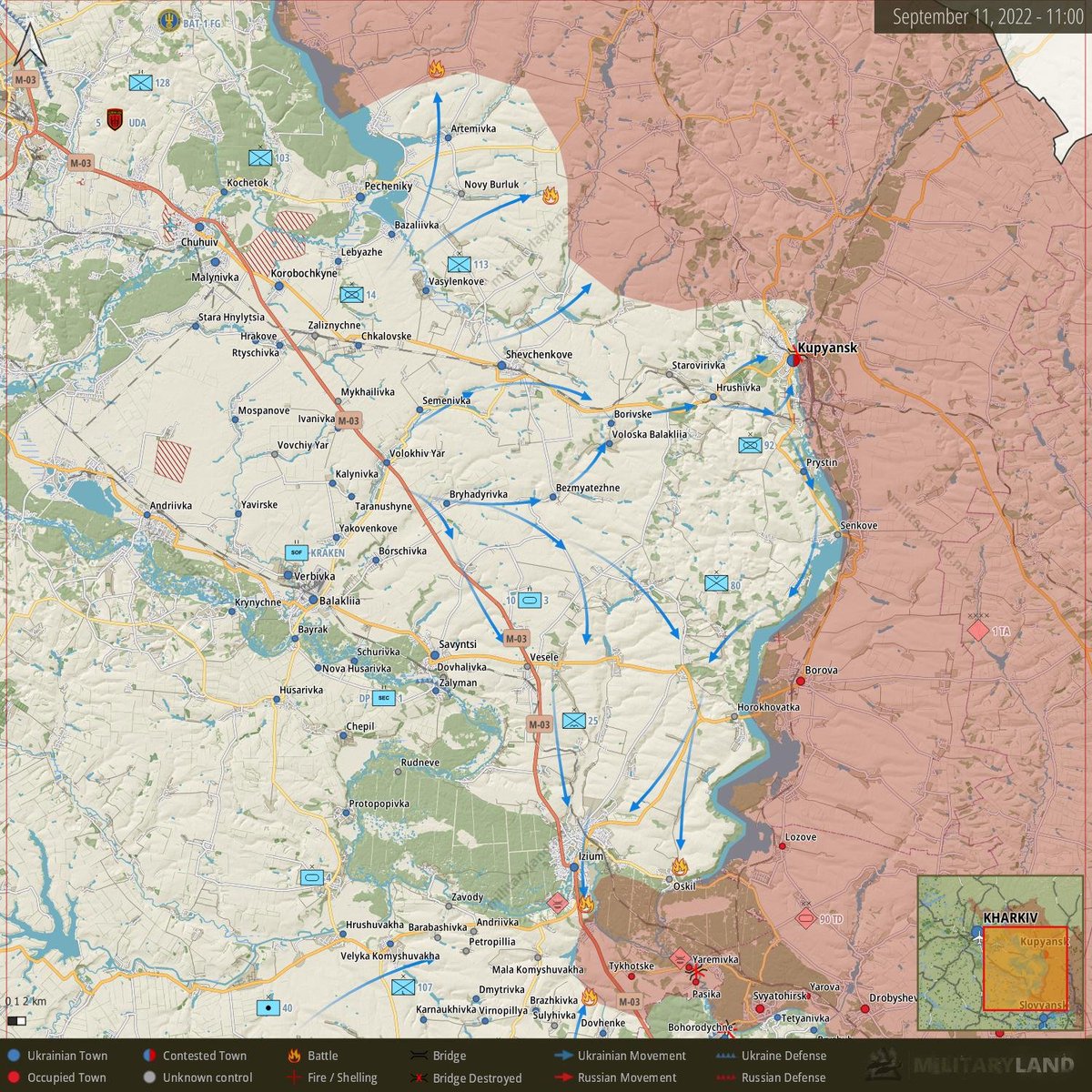 The speed of the Ukrainian advance is absolutely stunning. 

-massive 🇷🇺 intelligence failure
-🇷🇺 forces apparently had no local operational reserves or moved units in too late. 
- Frontline was thinly maned by 🇷🇺force
-🇷🇺 C2 collapsed 

map: militaryLand.net (Sept. 11)