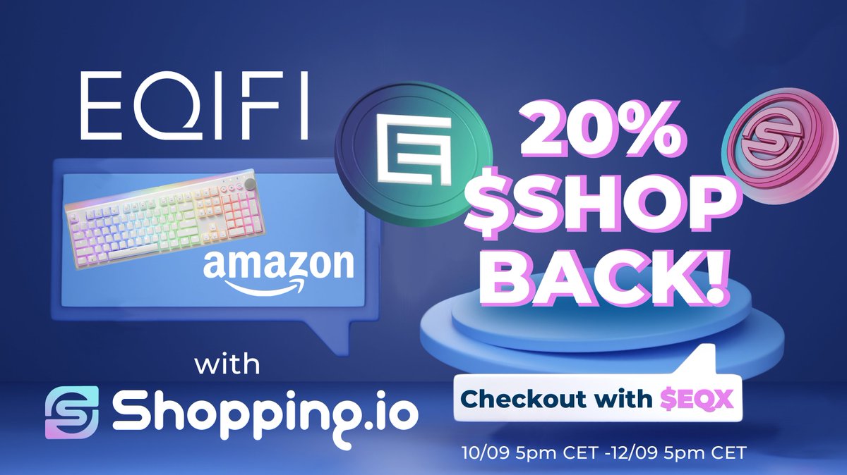 ✅ Use EQX to make a payment on <a href="/shopping/">Shopping Coupons</a> io
✅ Earn 20% of your order value back in $SHOP
✅ 2% discount on $EQX orders
✅ free shipping
 
SHOP Back event ➡️ September 10th - September 12th
 
#EQIFi #DeFi #Fintech #Blockchain #BSC #ETH #BTC #Crypto #CryptoCurrency