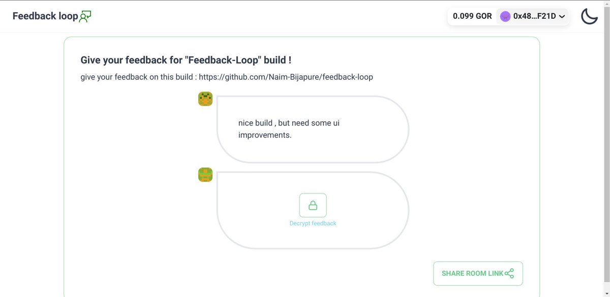 naim_1004's tweet image. Created a build where anyone can give feedback to a topic anonymously and gasless with cryptographic encryption so the only owner can see it. which is totally on chain. its “feedback-loop”.Give your feedback for feedback-loop here 👀👀: bit.ly/3xfD7Pt
#buildguild #web3