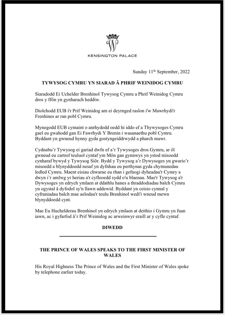 emynash's tweet photo. NEW: The Prince of Wales has spoken to @MarkDrakeford and they have issued this joint statement in Welsh and English. Calls with political leaders are by convention private, but they have issued details to mark William’s first duty in his new role 🏴󠁧󠁢󠁷󠁬󠁳󠁿 https://t.co/MoJX1HxQ9d
