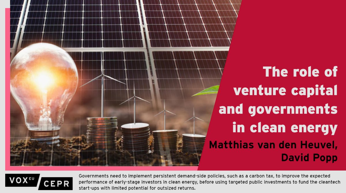 voxeu's tweet photo. 20 years of data from 150,000 US start-ups finds that unsuccessful nationwide climate policy has dampened demand for clean energy technologies in the past. 
D Popp @MaxwellSU, @Mat_vdH @TheBrattleGroup
https://t.co/fEsVYrozju https://t.co/Gt0xu89nNw
