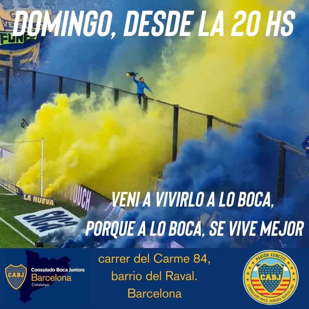 Leandro Valdés (@leandrovaldes12) on Twitter photo Estás en Barcelona? El Boca River lo podés ver con los bosteros en <a href="/BarcelonaDeBoca/">Consulado Boca Juniors Barcelona</a>… carrer del Carme 84, el Raval, Barcelona, Catalunya. Los esperamos
#aguanteBoca
#viscaBoca
#DiadaCatalunya Estás en Barcelona? El Boca River lo podés ver con los bosteros en <a href="/BarcelonaDeBoca/">Consulado Boca Juniors Barcelona</a>… carrer del Carme 84, el Raval, Barcelona, Catalunya. Los esperamos
#aguanteBoca
#viscaBoca
#DiadaCatalunya