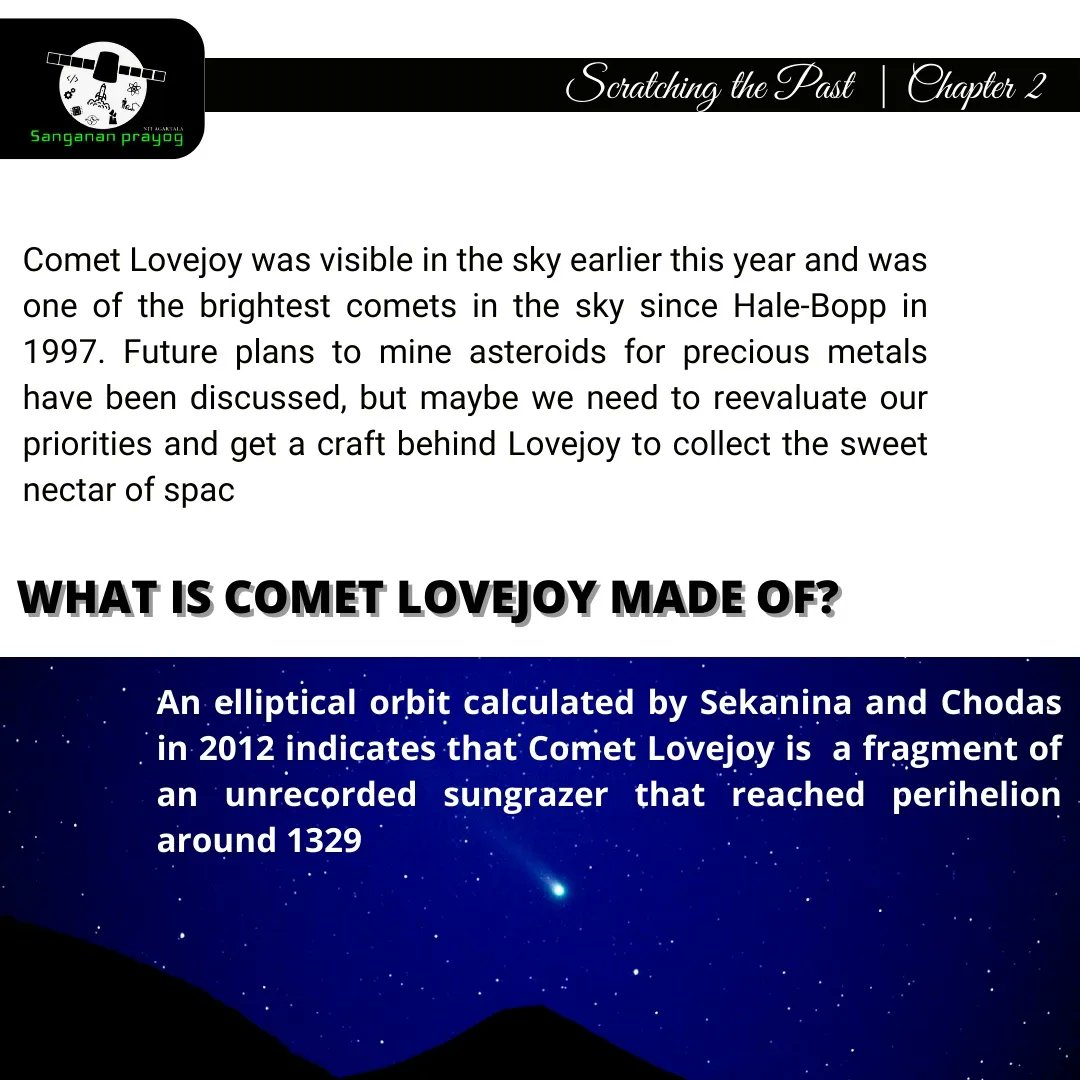 PrayogSanganan's tweet photo. Next up! Ever heard of a special comet called "Alcohol spewing" comet. In this episode of Scratching the Past you will get some basic info about a comet and some fascinating features about stunning comets.

Writer : Anchal Tirkey(2020-2024)
Editor : Umesh Anand Gupta (2020-2024) https://t.co/dONejalO3c
