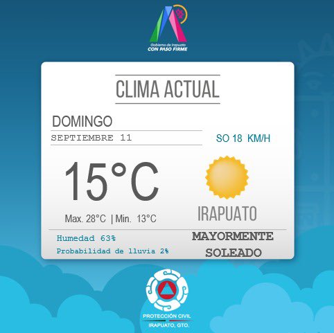 #ClimaIrapuato ☀️ | ¡Buen día! Este domingo contaremos con un día mayormente soleado y una máxima de 28°C. Tome sus precauciones.