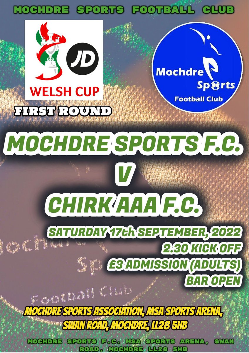 MochdreSports's tweet photo. Next weekend, we are in Welsh Cup 1st Round action against @CHIRKAAAFC .

This is the first time in a number of years we have welcomed a tier 2 side to Mochdre Sports and we would love your support as we look to cause a big cup upset! https://t.co/IcF1IgFIRG