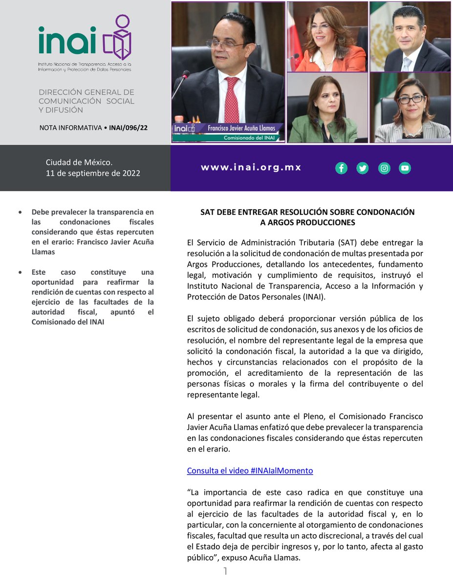 INAI on Twitter "📄INAIalMomento SATMX debe entregar resolución sobre condonación a Argos