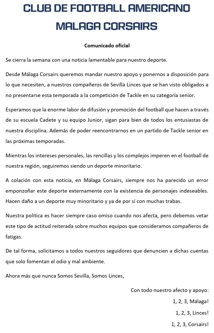 MalagaCorsairs's tweet photo. Comunicado oficial:
Desde Málaga Corsairs queremos mandar nuestro apoyo y ponernos a disposición para lo que necesiten, a nuestros compañeros de @Sevilla_Linces que se han visto obligados a no presentarse esta temporada a la competición de Tackle en su categoría senior. https://t.co/ClS9jy8Cv5