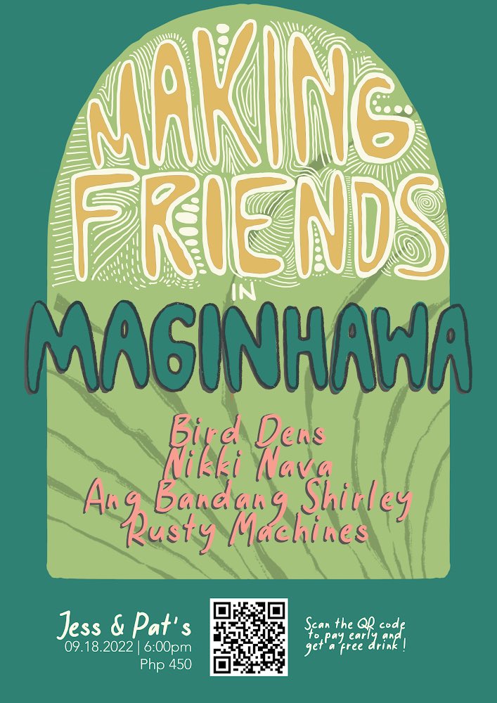 rustymachines's tweet photo. excited to announce our pa-gig “MAKING FRIENDS in MAGINHAWA” next week September 18, 2022 at @jessxpats! it'll be our first time playing there so let's make it a memorable one! 

door charge is P450 and we'll accept walk-ins but if you pay early then you can get a FREE drink https://t.co/zWsSiWv0GY