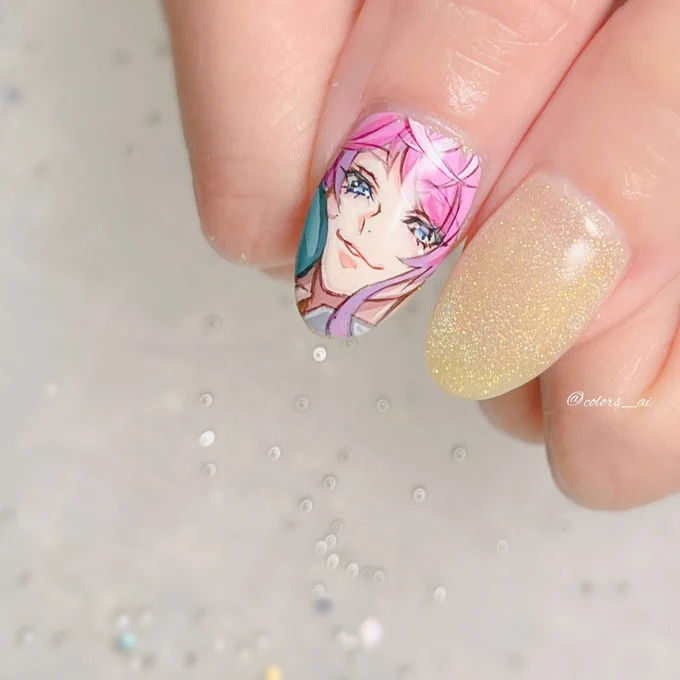お客様オーダー、ヒプマイ飴村乱数 痛ネイル。イエローラメに合わせて #痛ネイル 