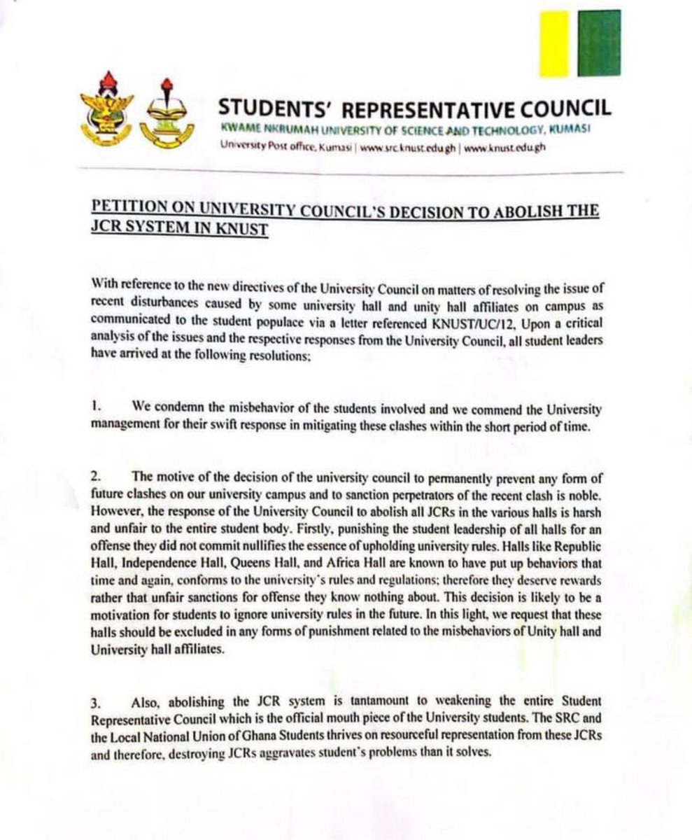 AkwasiBoateng_1's tweet photo. A MUST READ 📌. Abolishing JCRCs is never an option. Student leadership front do not agree. How can you the Hall without JCRCs #bringbackjcrcs @KNUSTGH @knust_src @JoyNewsOnTV @GHOneTV @Lets_Do__Better @VOICE_of_KNUST https://t.co/yRQ85nQquu