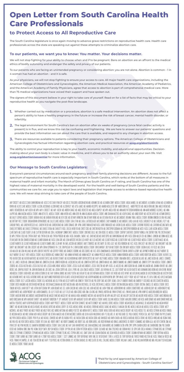 Hundreds of SC physicians standing for #AbortionRights #AbortionIsHealthcare join those in NE, OH, IN and UT with this letter to patients and legislators out today @GoodTroubleIN @OhioReproRights @CampaignforaHe1 @gbosslet @DavidNHackney @caraheuser @MySMFM @ACOGAction