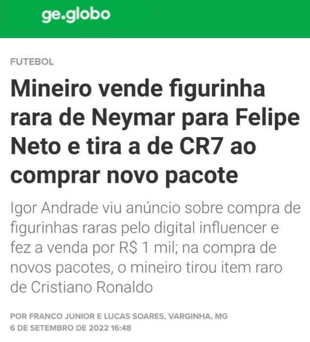 Figurinha 'rara' de Neymar no álbum da Copa é vendida por valor surreal