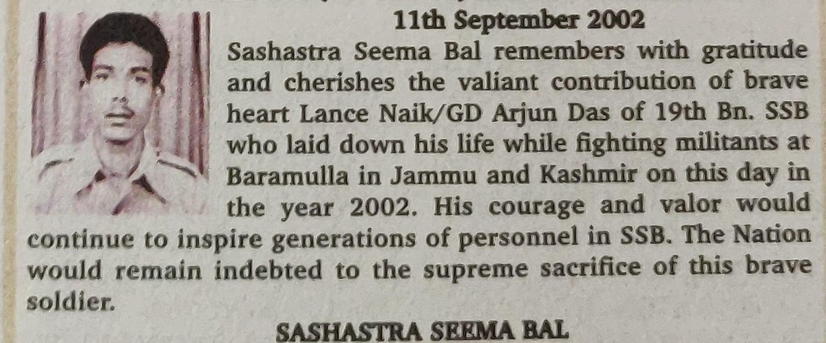 priority_n's tweet photo. #LestWeForgetIndia 20 years ago to defend the integrity of the Nationand we all He gave his all, Homage to

LANCE NAIK/GD ARJUN DAS
#19BN @SSB_INDIA

Immortalized himself in Baramulla on Sept 11,2092. Remembering him on his Balidan Diwas today.

#KnowYourHeroes https://t.co/RDPOC47oDa