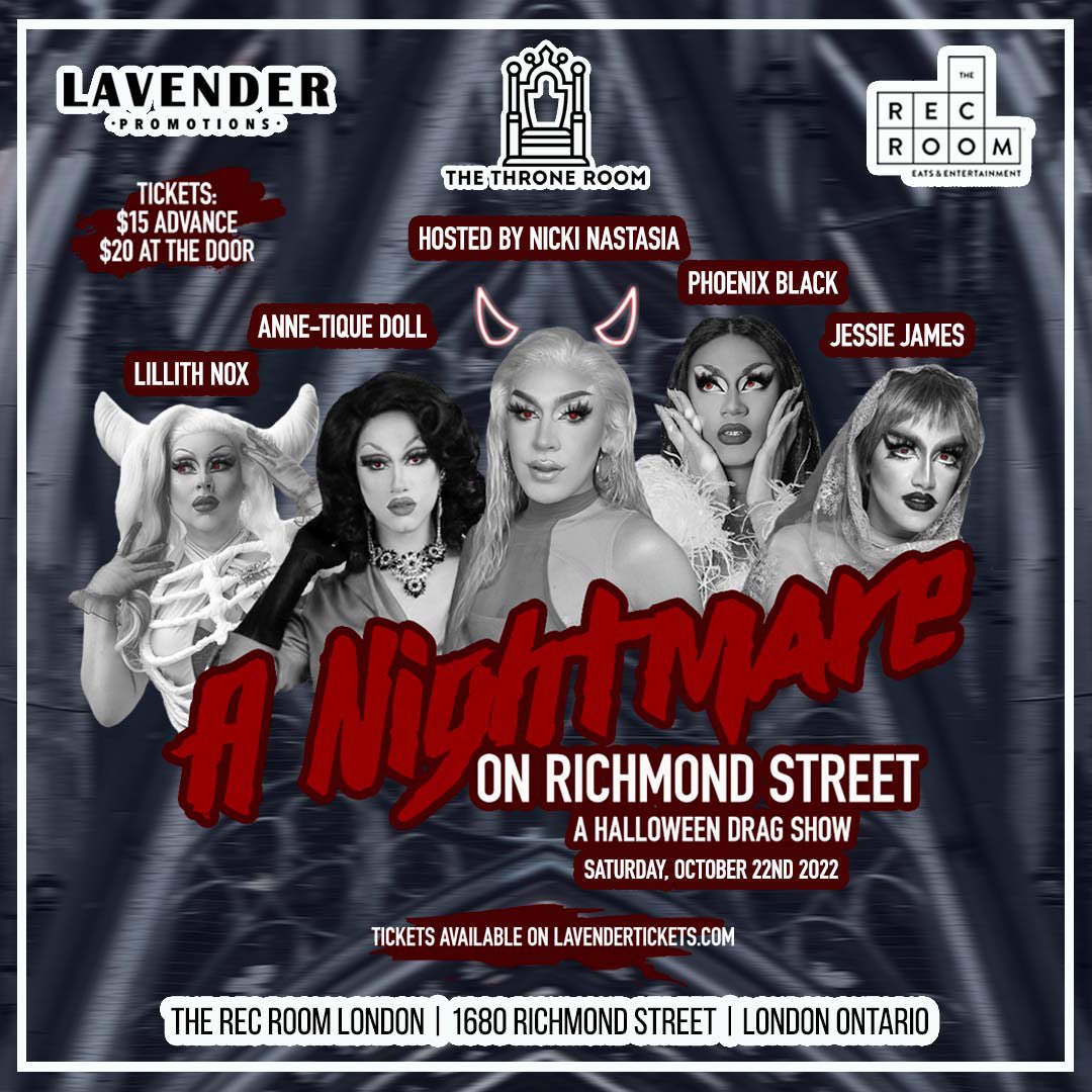 ThroneRoomTO's tweet photo. LONDON!! It's officially spooky szn!! We're back at @TheRecRoomCa on Oct 22nd for the scariest drag show you've ever been to! Hosted by @NickiNastasia, featuring performances from @LillithNox @DollTique, @itsphoenixblac, &amp; @jessiejames_xo!👻

Ticket link in our bio!👻 https://t.co/9Mr8S8wttY