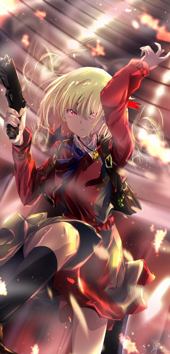 nishikigi chisato 1girl lycoris uniform blonde hair gun weapon handgun solo  illustration images