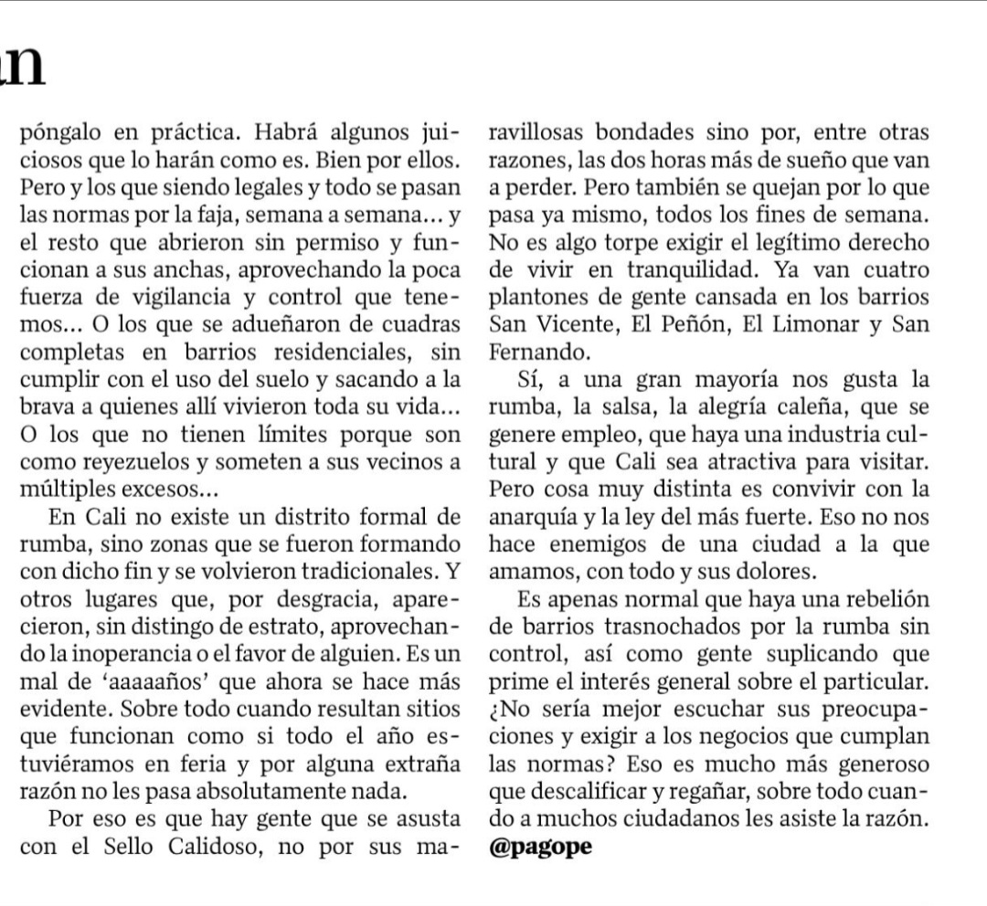 Es normal que en Cali haya una rebelión de trasnochados por la rumba sin control y el temor a extensión del horario ¿No sería mejor escuchar sus preocupaciones y exigir a los negocios que cumplan las normas?  Barrios trasnochados se rebelan, mi columna: elpais.com.co/opinion/column…