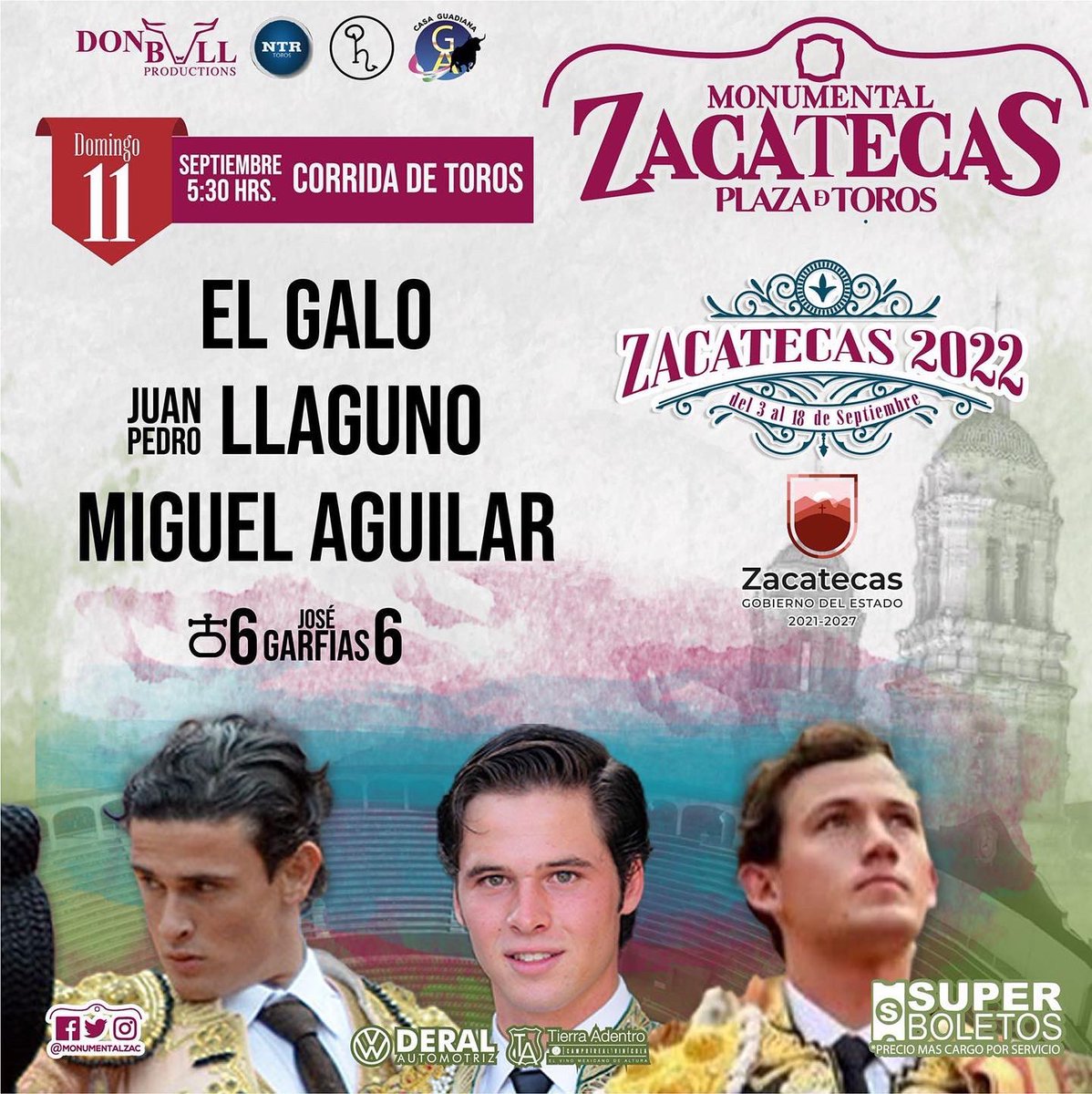 #Zacatecas 🇲🇽 Sexto festejo taurino del Serial Taurino de la #Fenaza en la Monumental Zacatecas <a href="/MonumentalZac/">Monumental Zacatecas</a> @AndreLagravere <a href="/pedrollaguno/">Juan Pedro Llaguno</a> <a href="/MigueAguilar17/">Miguel Aguilar.</a>