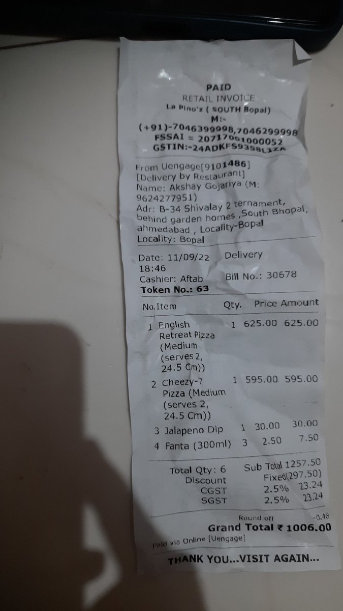 cgojaria's tweet photo. @LaPinozPizzaInd  beverages is being ordered but not delivered by the outlet but billed on the invoice, also the cold pizza is delivered after 1.5 hour of order. @UReportIndia https://t.co/zqHy7bOrQH