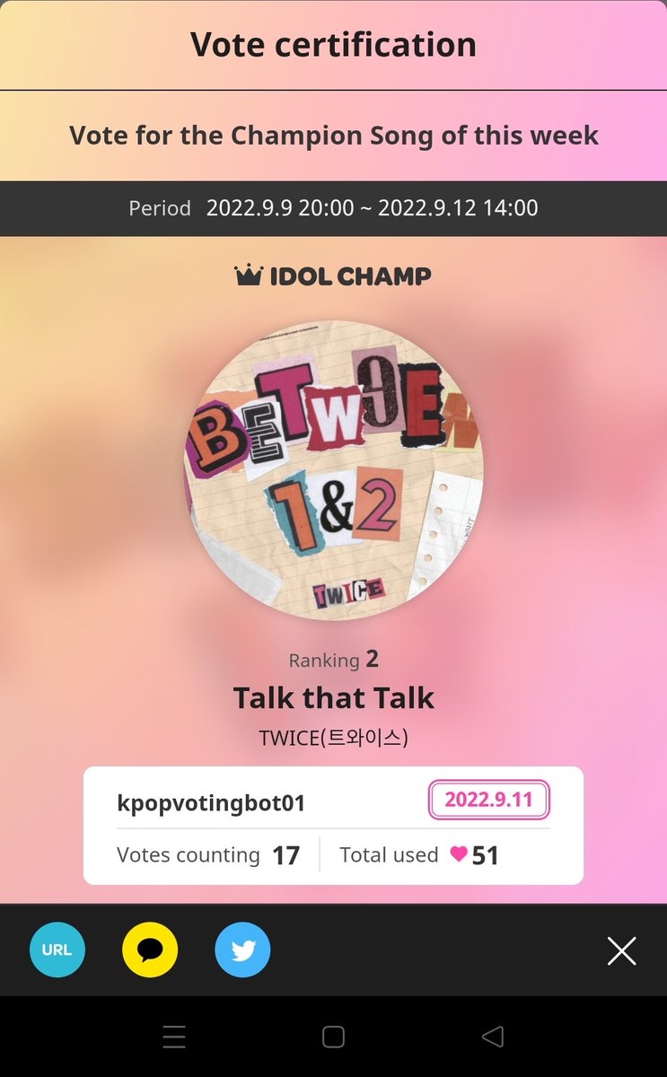 kpopvotingbot's tweet photo. Congratulations, Onces!! Casted 30 + 21 additional chamsims for most proofs π Good luck π #TWICE #TalkthatTalk #kpopbotproof @JYPETWICE
π³οΈ Selling time chamsims. DM to avail https://t.co/ksDT45frBT
