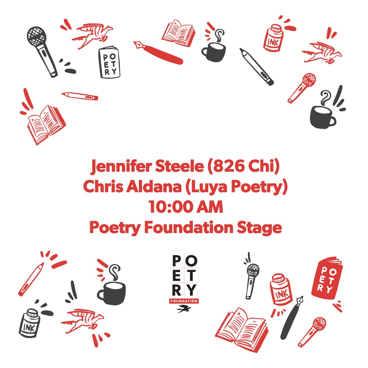 PoetryFound's tweet photo. Jennifer Steele @JenieLouLou and Chris Aldana @xtian_as are kicking off Day 2 with a joint reading at the Poetry Foundation Stage. #PRLF22 https://t.co/JuVytBUTLL https://t.co/oyuNt1OlWK