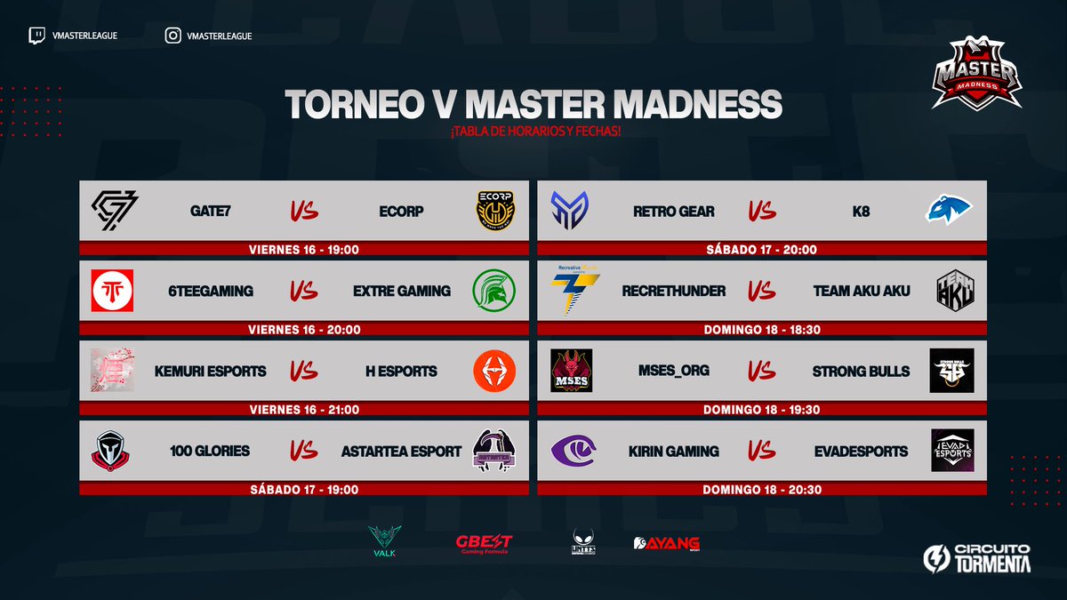 vmasterleague's tweet image. 🕒Horarios Octavos de Final🕒 @vmasterleague  #VMadness  16-17-18 de Septiembre!