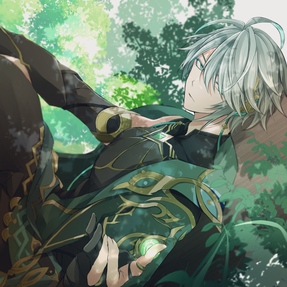 male focus 1boy solo hair over one eye grey hair gloves ahoge  illustration images