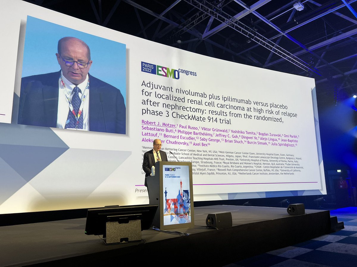 DrDanielHeng's tweet image. Nivo IPI adjuvant RCC is negative. Larger than life @motzermd presenting!  Standing room only. Is it tolerability that caused this?  57% completed all cycles. Sizeable pT2 group and no M1NED may have made the population less high risk. @OncoAlert @IMDConline @bmsnews