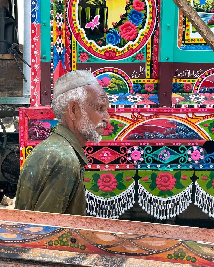 near abbottabad (where osama bin laden was killed), we visited a jingle truck artist.  this one had been working for 41 years.  he said that it usually takes about 1 week to complete a single truck for an average of 100,000 to 150,000 rupees (about $450 … instagr.am/p/CiXqJI_L1D7/