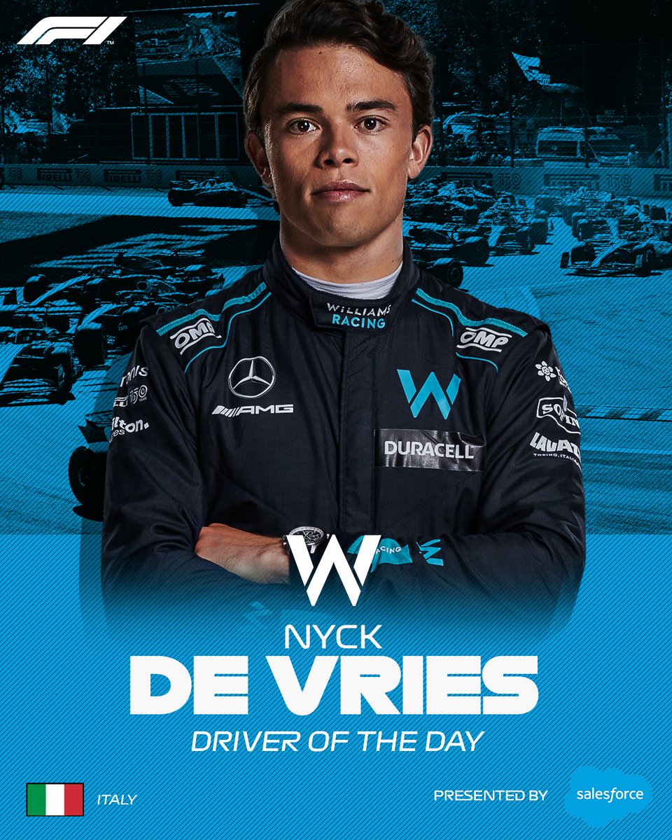 Formula 1 (@f1) on Twitter photo Brilliant effort from <a href="/nyckdevries/">Nyck de Vries</a> on debut 💪
And a worthy winner of #F1DriverOfTheDay 👏
#ItalianGP <a href="/salesforce/">Salesforce</a> Brilliant effort from <a href="/nyckdevries/">Nyck de Vries</a> on debut 💪
And a worthy winner of #F1DriverOfTheDay 👏
#ItalianGP <a href="/salesforce/">Salesforce</a>