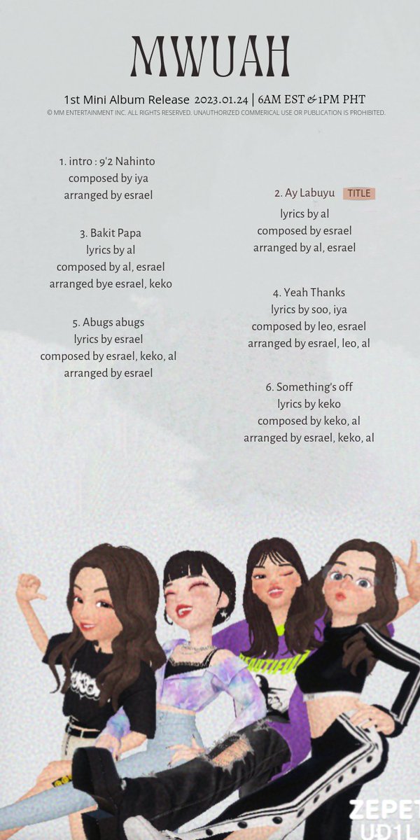 spice_gorls's tweet photo. #SPICEGORLS    ‘MWUAH’ Tracklist Poster

1st Mini Album ‘MWUAH’
✅2023.01.25 6AM (EST) &amp; 6PM (PHT) https://t.co/fvzzF3UZaD