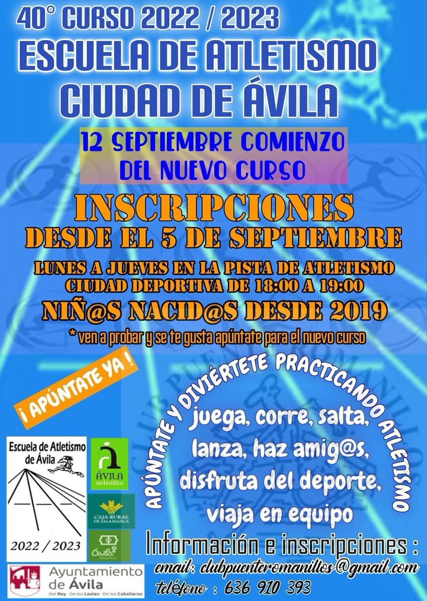 📍📍📍🔊🔊🔊📣📣📣 Mañana iniciamos el nuevo curso. A las 18.00 en las pistas de atletismo. Mes de septiembre. PUERTAS ABIERTAS, para todos los que quieran ir a conocernos. 🔔🏃‍♂️🏃‍♀️🏃🏿💨💨💨<a href="/CRSASALAMANCA/">Caja Rural de Salamanca</a> <a href="/FisioCenter7/">Fisio Center</a> <a href="/Avilaautentica1/">Ávila Auténtica.</a> #librerianotas