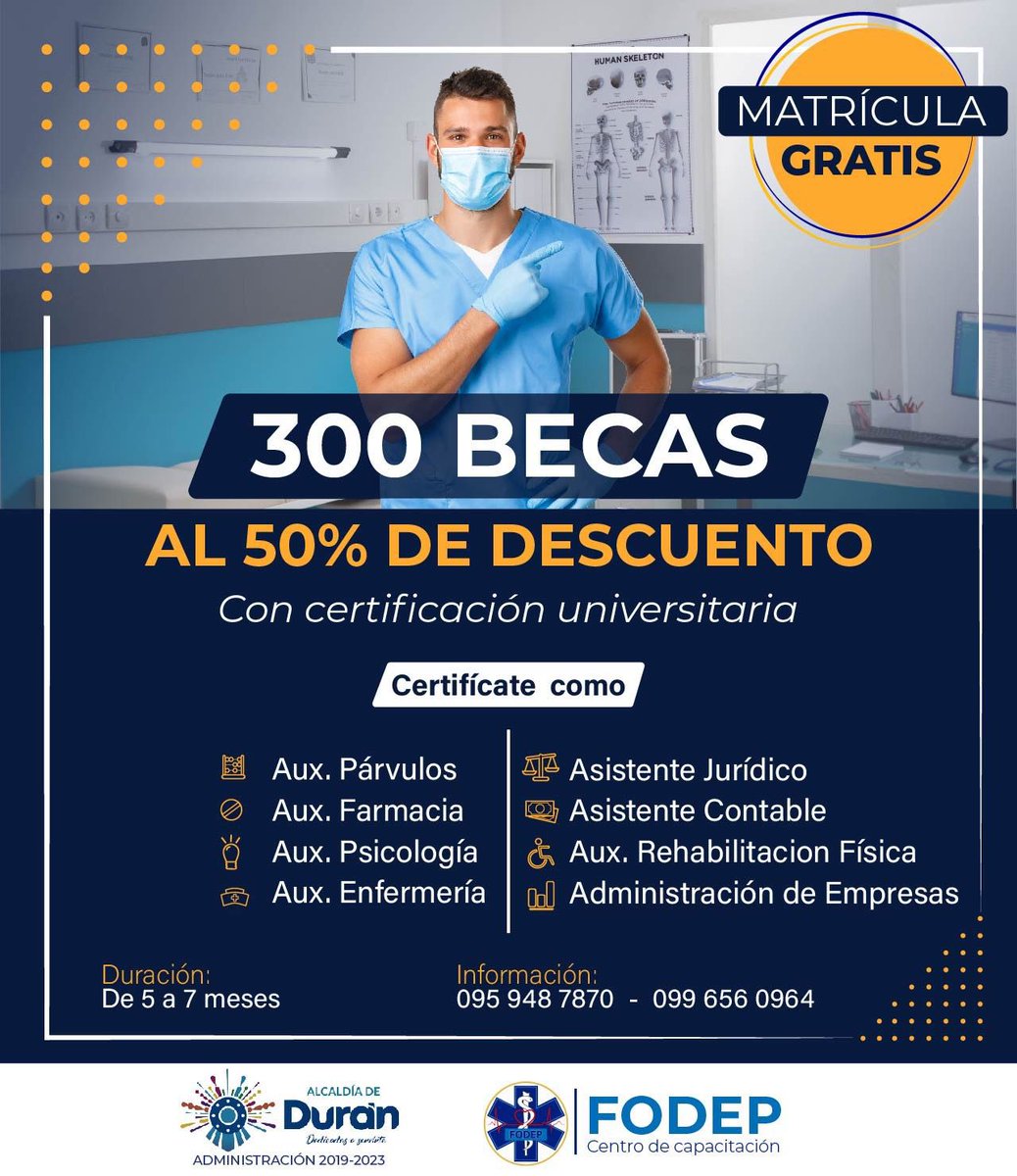 GobiernodeDuran's tweet photo. 🗣 ATENTOS
@DuranGad y #FODEP Centro de Capacitación ofrece a la ciudadanía 300 becas al 50% de descuento.
📅Fecha de inscripción: 12 y 13 de septiembre
📍Lugar: Exteriores del Municipio (diagonal a Emapad).
🕐Hora: 09h00 - 16h00
📲 Mayor información a los números: 0959487870 https://t.co/VflA0dJ561