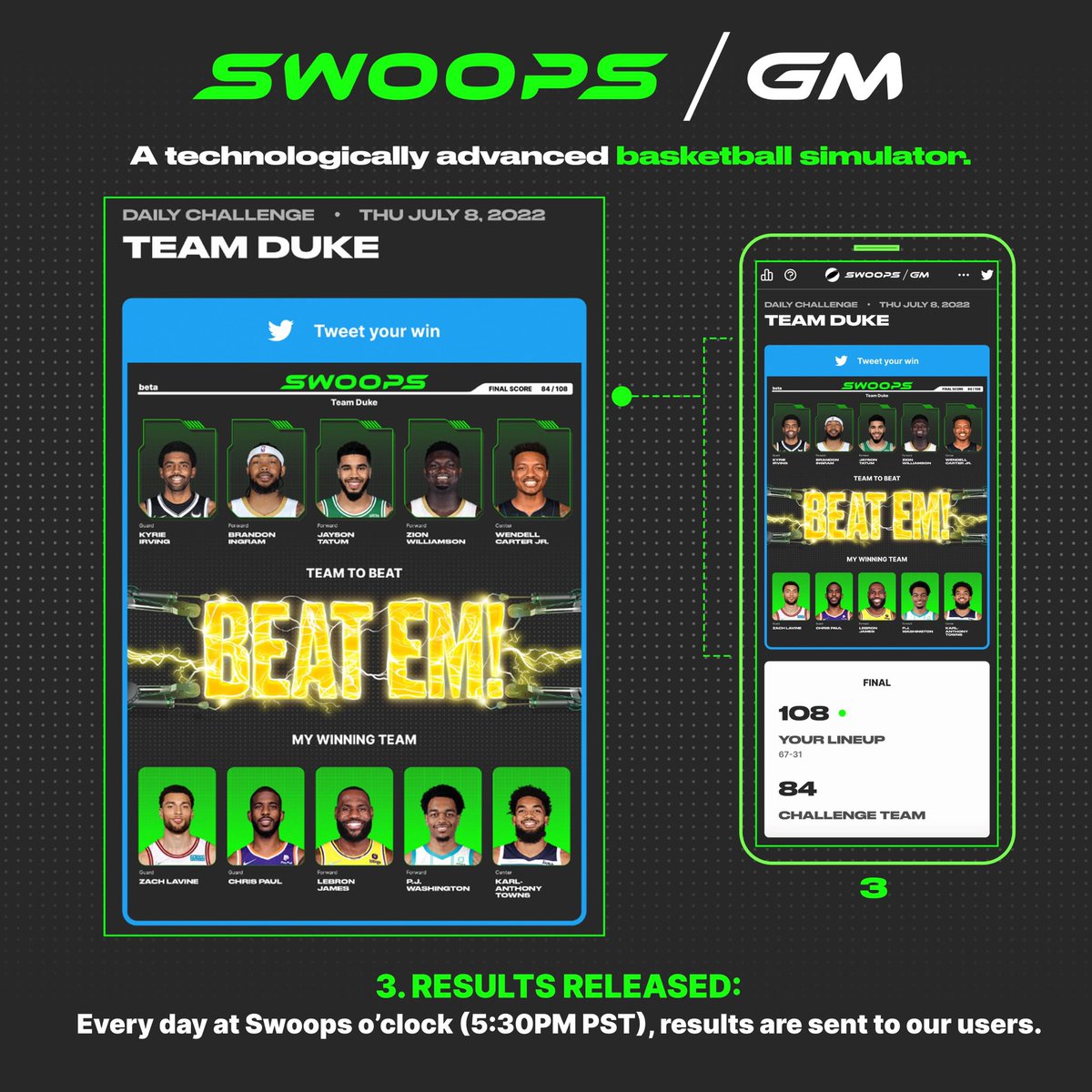 Hey all! I just started playing SwoopsGM, a daily NBA lineup game. Every AM, they post a challenge lineup and you pick a team to beat it…it’s super fun! I’m picking the challenge lineup tomorrow and Swoops will have a prize to give away 👀 Check it out: gm.playswoops.com