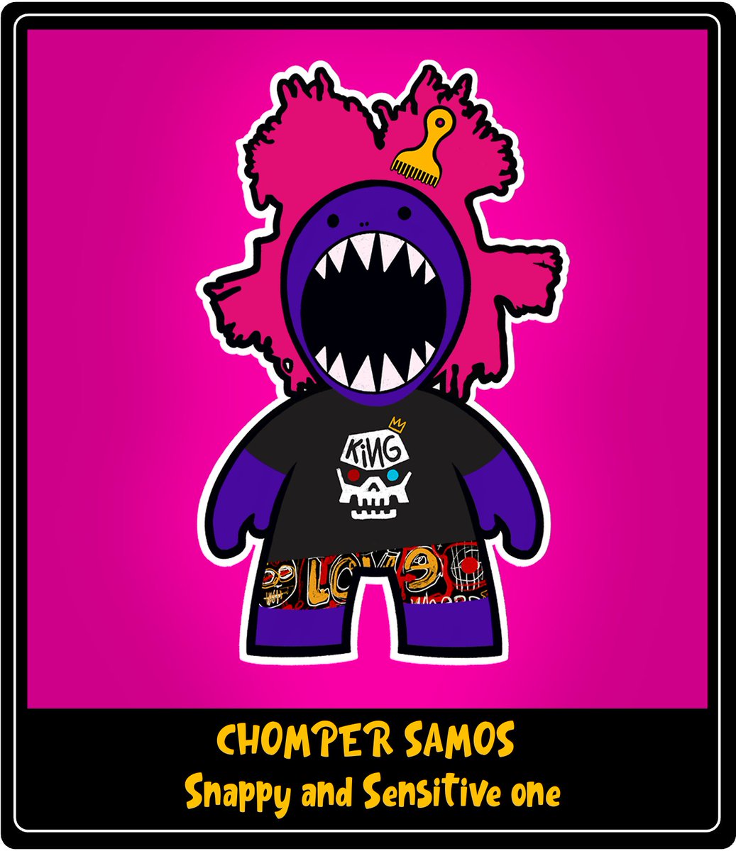thesamosproject's tweet photo. Freak-Peek! Chomper is snappy and very unpredictable. But we know how to calm him down. The trick is a chew toy. Lots of them. He needs it more than your pup. 🤣 #Freakipedia

#Samos #Samosproject #newNFT #NFTdrop #NFTcollectibles https://t.co/khc9Uhv08i