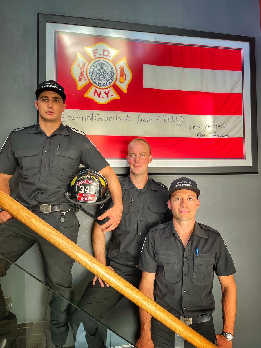 NVCFD reflections of 9/11. Post event, members made the trip to NYC to offer support in person. The FDNY offered the flag seen in this photo, as a memento of their gratitude and friendship. We ring the bell for those 343 firefighters lost on 9/11, and many after. #fdny #nvcfd