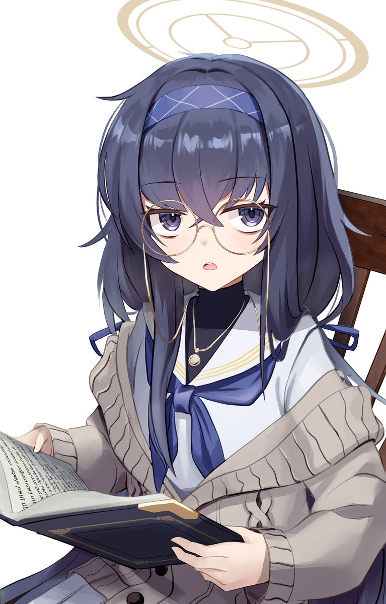 ui (blue archive) 1girl solo glasses long hair halo book black hair  illustration images