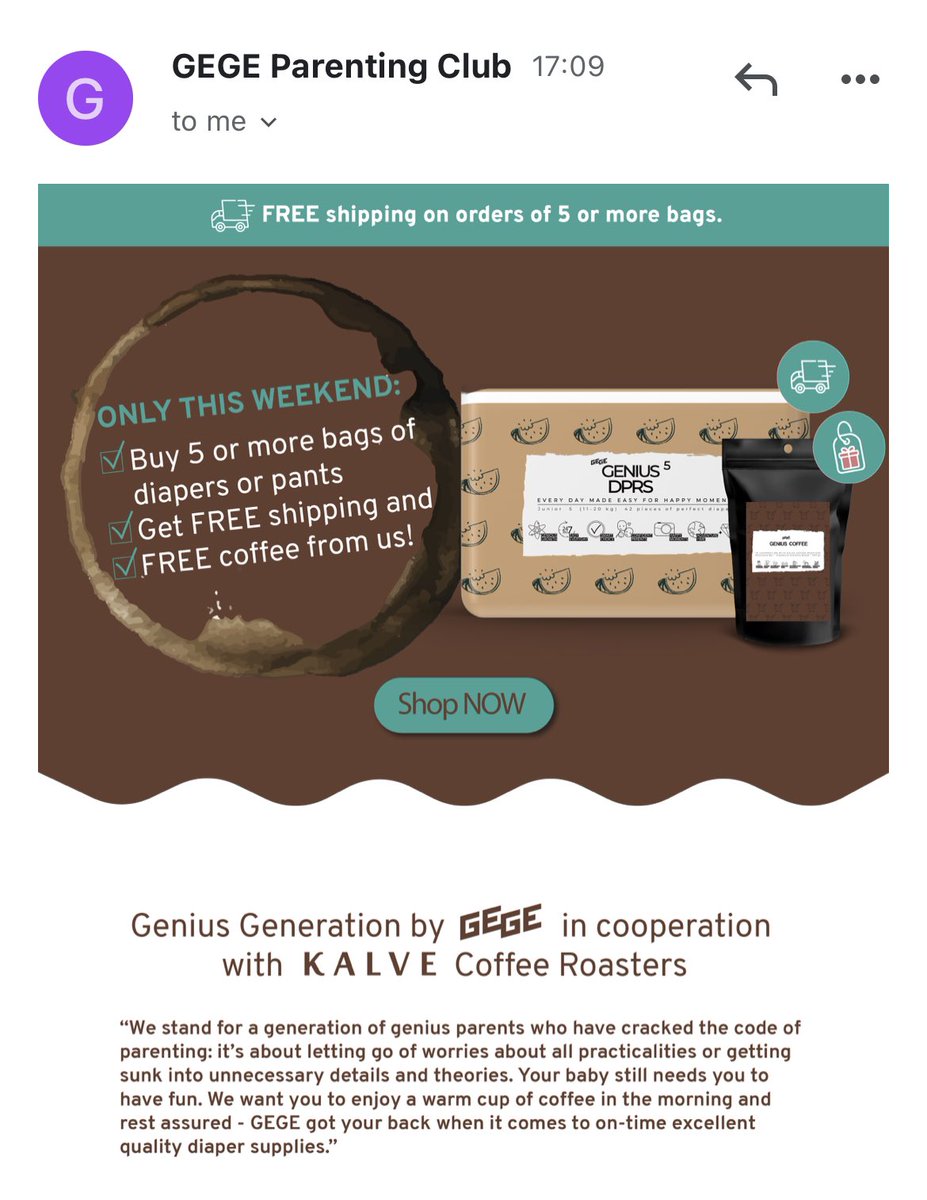 Aši par vienu tik vienkāršu sadarbību, kas tanī pat laikā ir ģeniāla!👌🏼 Pamperi bēbim, garda kafija vecākiem! Baigi labi! <a href="/KalveCoffee/">Kalve Coffee</a>