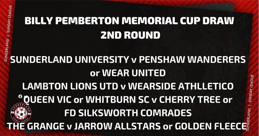 Billy Pemberton Memorial Trophy 🏆 
2nd Round

Grangetown FC or Delta United vs FD Railway Tavern