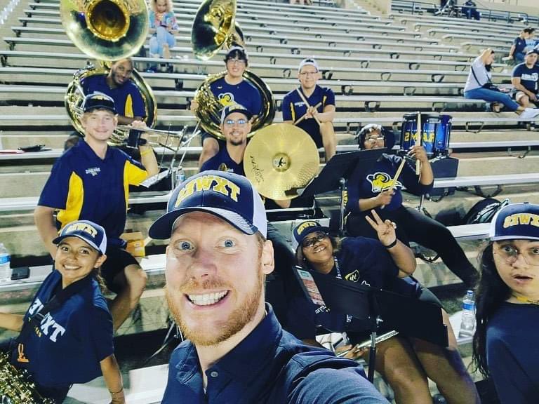 TxWesMusic's tweet photo. Way to be our good luck charms Ram Band! Another big win for our football Rams, 52-0! Also, a shoutout to our very own horn student, Matthew Moniak, for playing the national anthem and getting picked to kick at halftime!! 🐏💙💛 #RamMusicLife #RamsUp https://t.co/YNGp9KeYVR