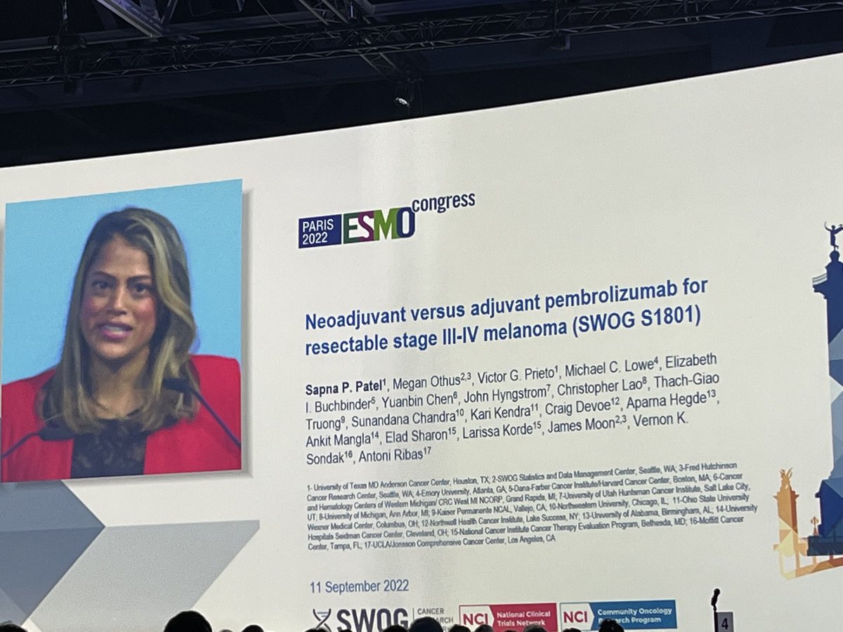 EladSharonMD's tweet photo. The incomparable #SapnaPatel of ⁦@MDAndersonNews⁩ presents results of @SWOG S1801 trial! We looked at neoadjuvant/adjuvant pembrolizumab versus adjuvant in melanomas that were stage 3 or 4 but could be respected! (Sponsored by @theNCI) ⁦@NCItreatment⁩ ⁦@myESMO⁩ https://t.co/v2U1TnSxma