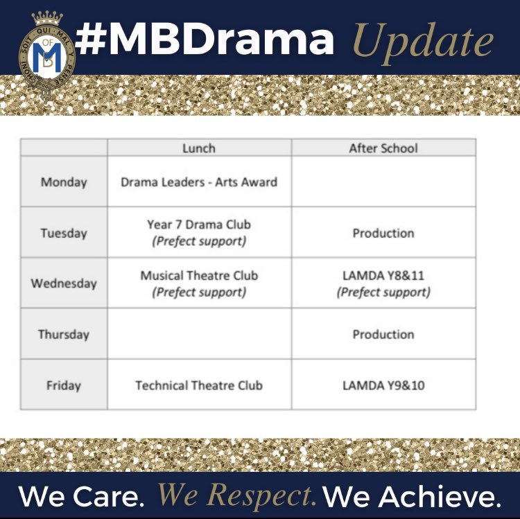 Welcome to the Autumn term in Drama. We are delighted to share with you our extracurricular timetable, giving opportunities to all students to develop skills within drama and theatre. 

#MBDrama