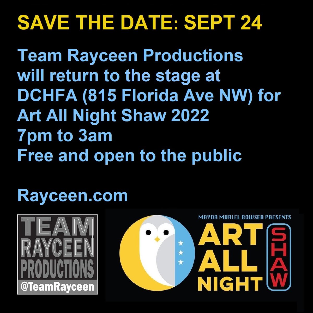 RayceenHRH's tweet photo. Please join us at DCHFA on Sept 24 for #ArtAllNightShaw2022
Details ➡ https://t.co/6j73F77HAO
#ArtAllNight #ArtAllNightDC #ArtAllNightDC2022 #ArtAllNight2022 #ArtAllNightShaw #ArtAllNight202 
#ArtAllNight2022DC #DCArtAllNight #DCArtAllNight2022 
#AAN2022 #AANDC #AANShaw #DCAAN https://t.co/8x1xP8Np0u